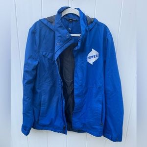 Rain jacket with hood. Power embroidered. Small size. Medium duty wind breaker